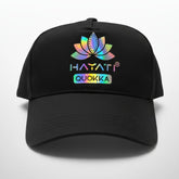 Black cap with colorful logo and text on a white surface